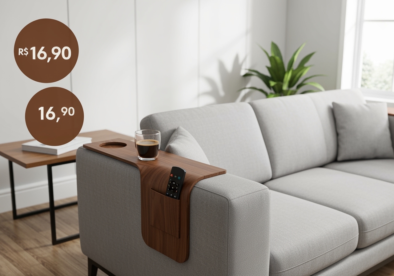 Busca praticidade? A esteira para sofá é a solução ideal para apoiar copos e controles. Aproveite nossa oferta imperdível por R$ 16,90. Clique e garanta a sua! (imagem gerada com inteligência artificial)