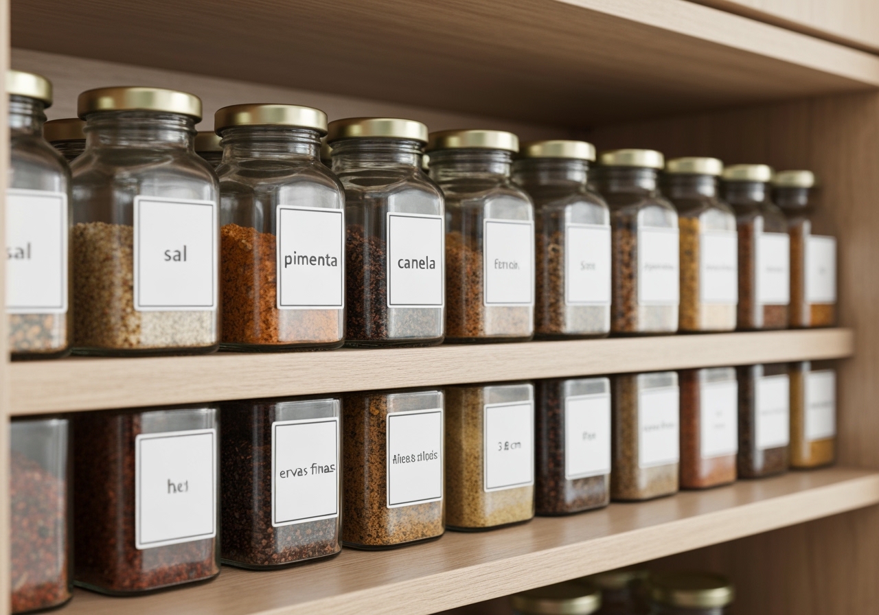 Organize sua cozinha com estas etiquetas para temperos. Kit com 36 adesivos à prova d'água por apenas R$ 7,49. Clique e garanta o seu agora mesmo! (imagem gerada com inteligência artificial)