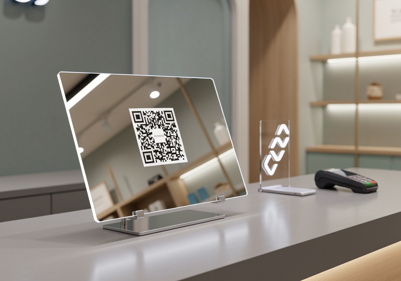 Descubra como integrar um display Pix de pagamento ao seu balcão, com placa de campainha acrílico espelhado, garantindo segurança, estilo e praticidade no caixa. (imagem gerada com inteligência artificial)