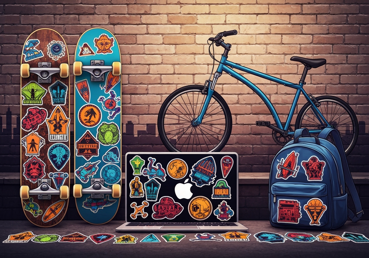 Personalize seu estilo com este kit adesivos skate! São 60 unidades à prova d'água com temas de surf e moda, ideais para seu shape, por apenas R$ 16,49. Aproveite! (imagem gerada com inteligência artificial)