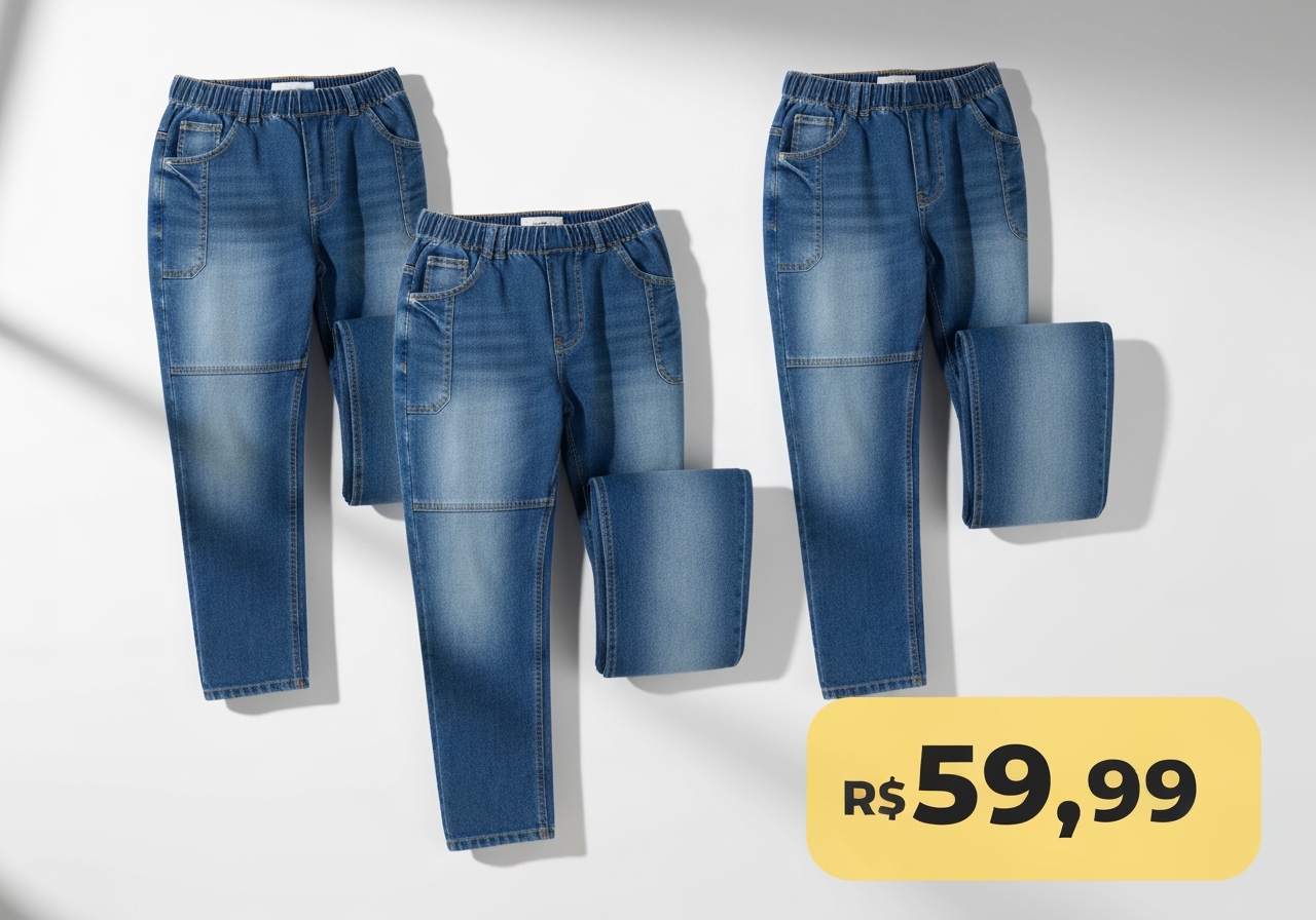 Leve seu kit calça jeans masculino premium! Peças originais com elastano e frete rápido. Estoque limitado, aproveite agora por R$ 59,99 cada peça. (imagem gerada com inteligência artificial)
