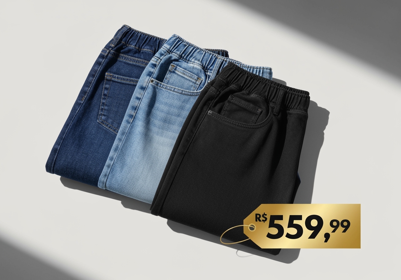 Renove seu visual gastando pouco! Leve este kit calça jeans skinny com lycra e garanta máximo conforto no dia a dia. Clique e compre por R$ 59,99! (imagem gerada com inteligência artificial)
