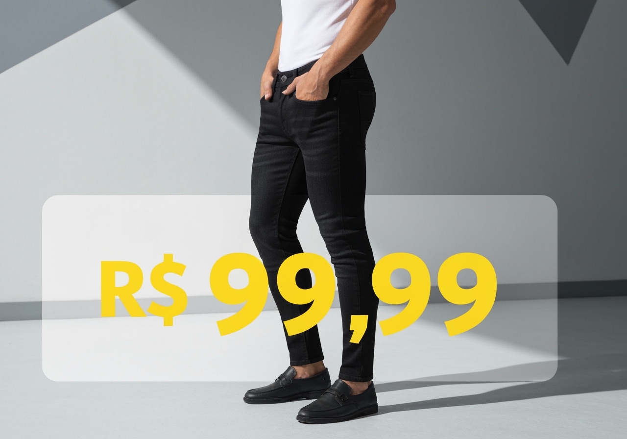 Buscando estilo e conforto? Garanta seu Kit Calça Skinny masculina com lycra. Estica muito e veste super bem! Compre agora por R$ 99,99 com Nota Fiscal. (imagem gerada com inteligência artificial)