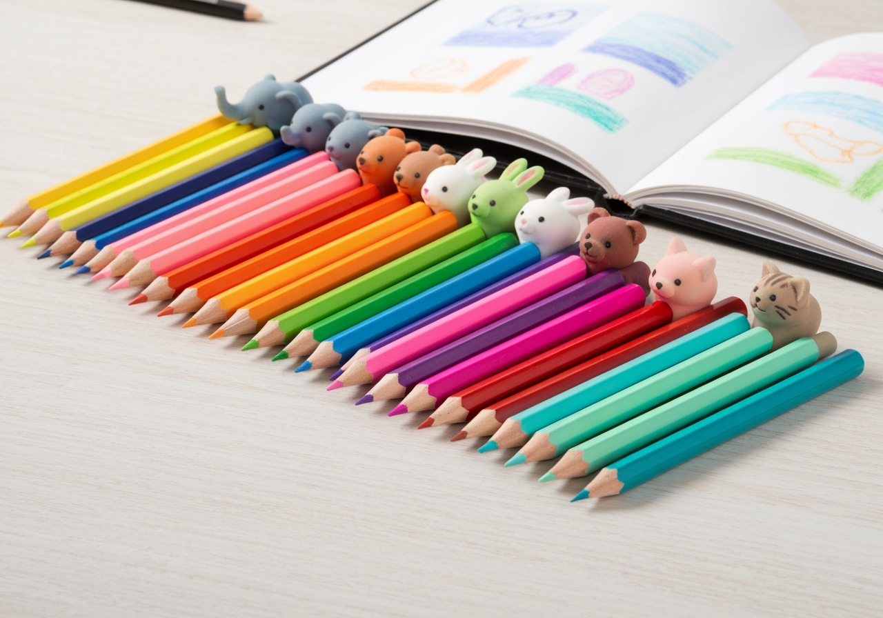 Kit 12 lápis escolar infantil com borracha decorada de bichinhos – atacado. Brinque com cores e qualidade, ideal para escolas e pais que buscam praticidade e diversão. (imagem gerada com inteligência artificial)