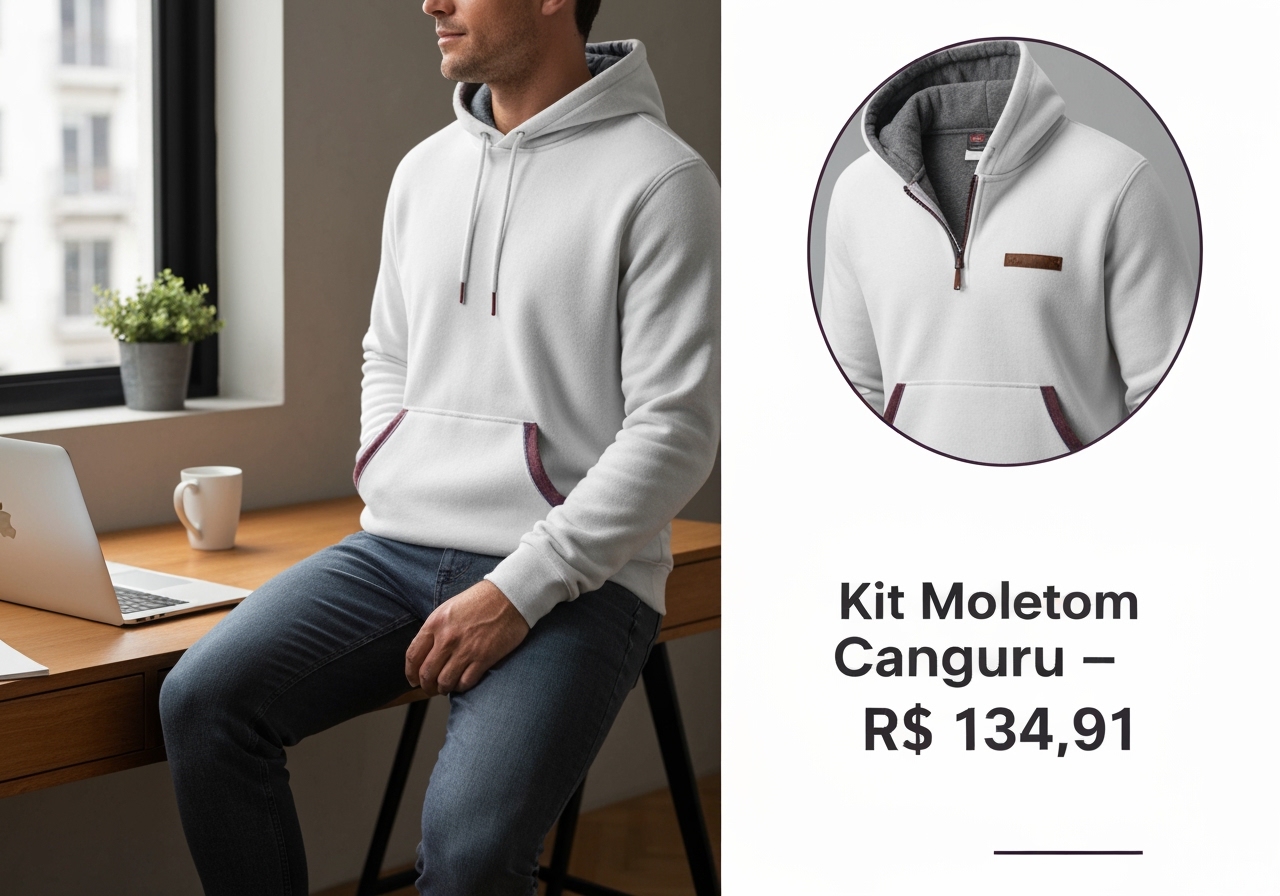 Quer estilo e conforto no frio? Veja por que o kit moletom canguru unissex flanelado é sucesso na Shopee. Descubra se vale o investimento de R$ 134,91! (imagem gerada com inteligência artificial)
