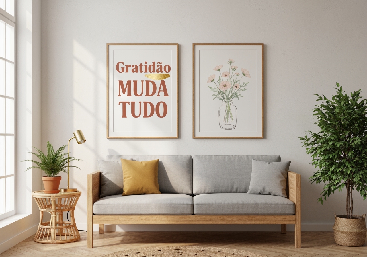 Renove o ambiente com este lindo kit quadros boho! Trazendo a frase "Gratidão Muda Tudo" e um vaso de flores, ele deixa sua sala aconchegante por só R$ 29,90. (imagem gerada com inteligência artificial)