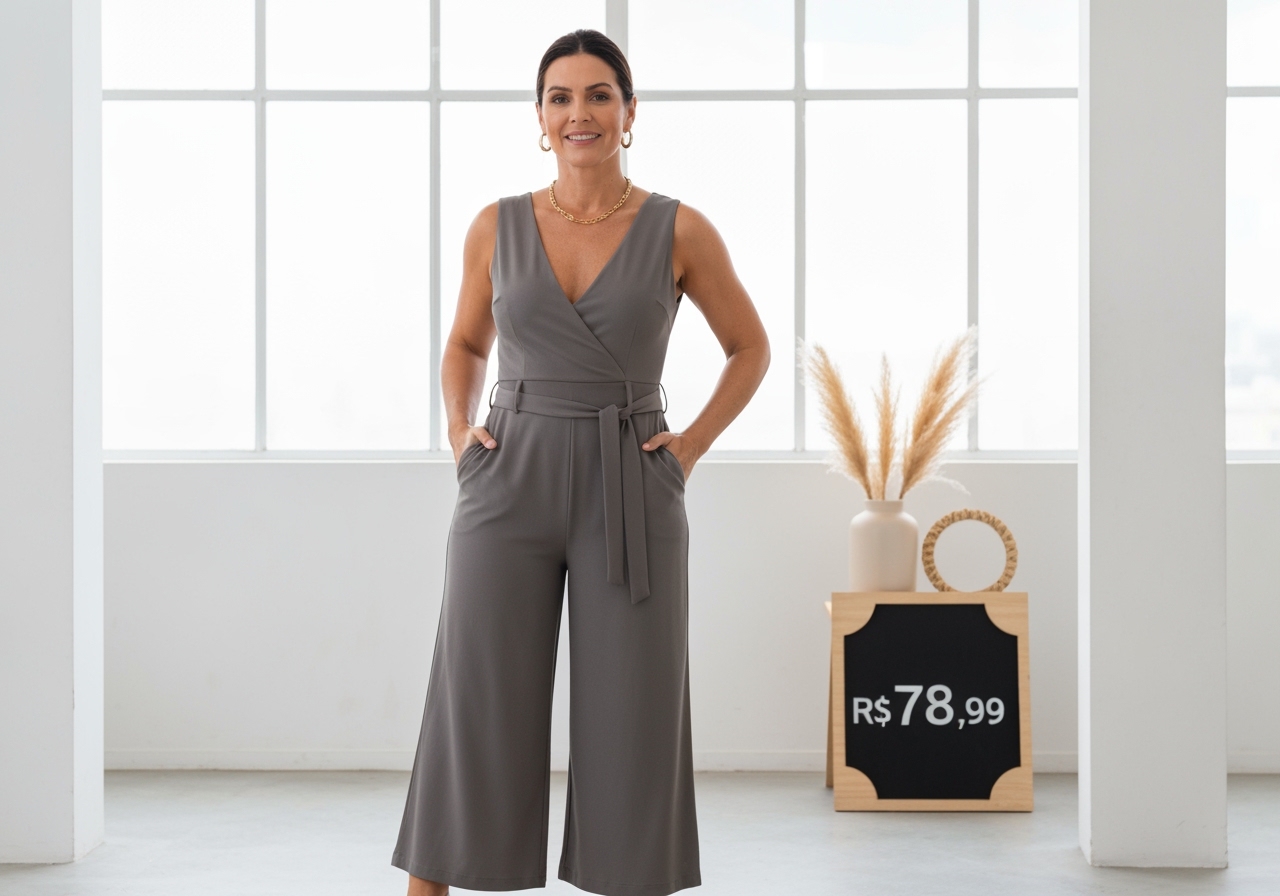 Procurando um macacão pantalona elegante? Este modelo longo tem decote em V, costas abertas, cinto e bolsos invisíveis. Apenas R$ 78,99! Clique e garanta o seu. (imagem gerada com inteligência artificial)