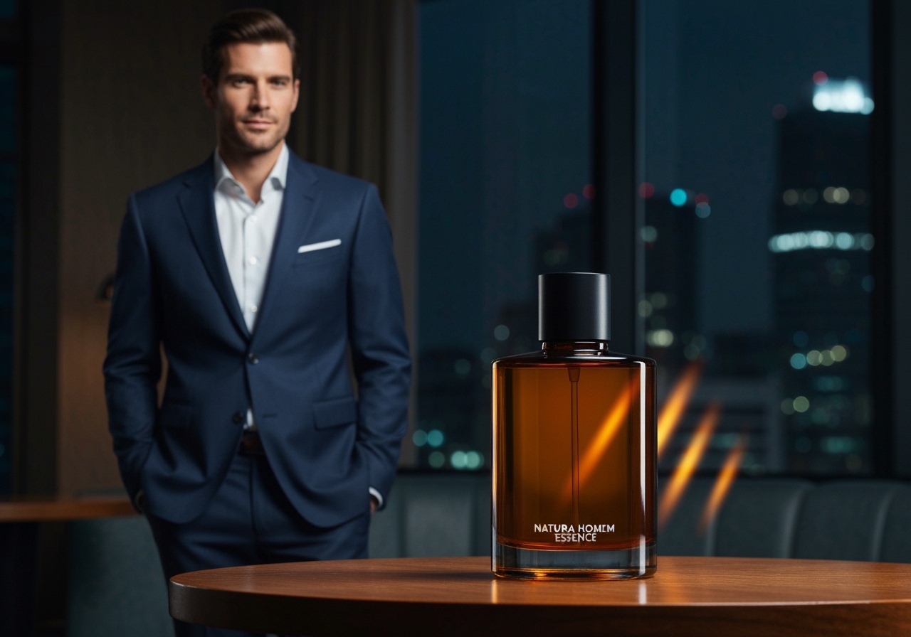 Buscando um perfume marcante? Entenda por que o Natura Homem Essence se tornou o favorito de muitos. Clique aqui e descubra se ele combina com o seu estilo! (imagem gerada com inteligência artificial)