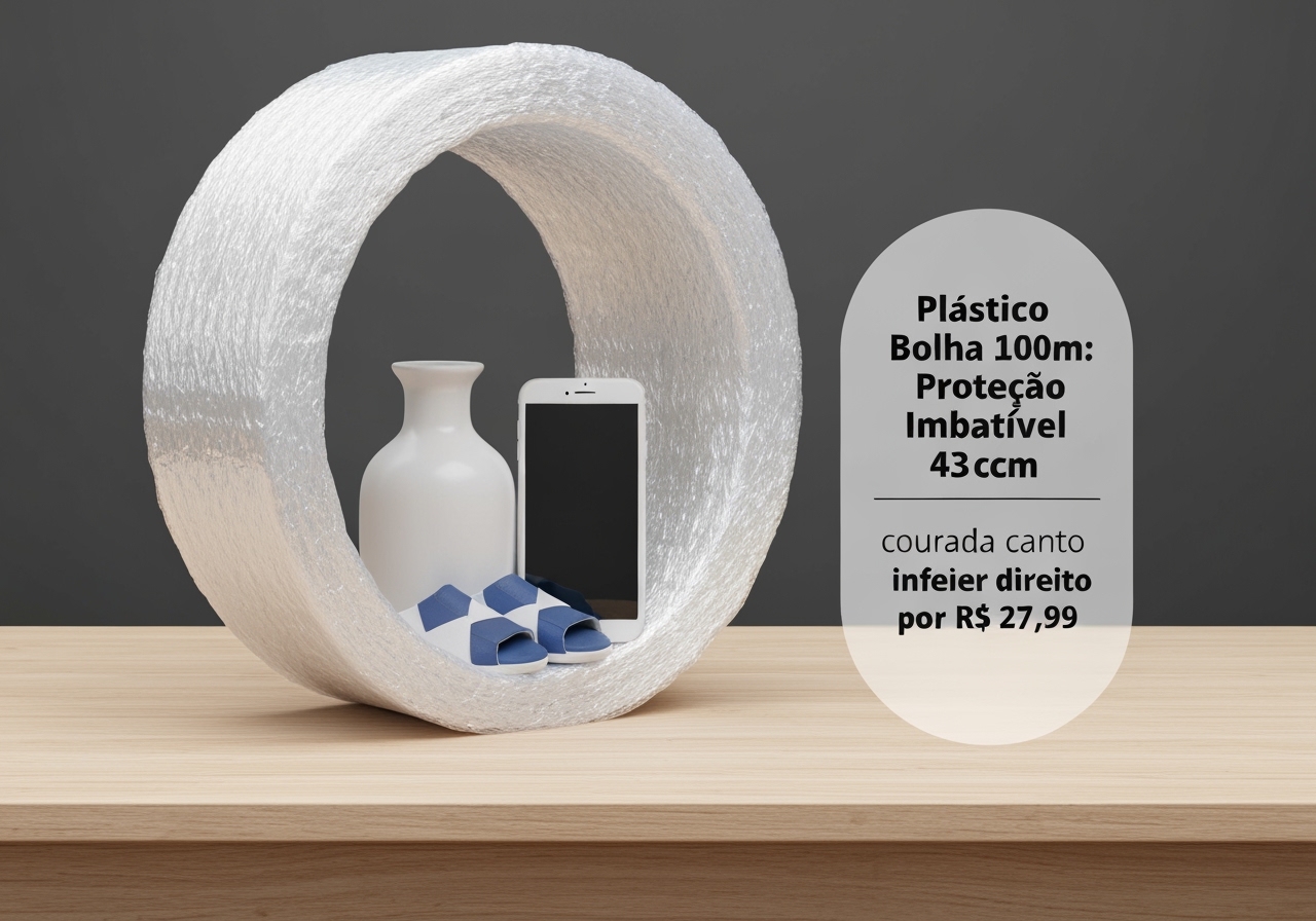 Evite avarias no seu e-commerce com a bobina de Plástico Bolha 100m. Com 43cm de largura e 25 micras, garante proteção máxima por apenas R$ 27,99! (imagem gerada com inteligência artificial)