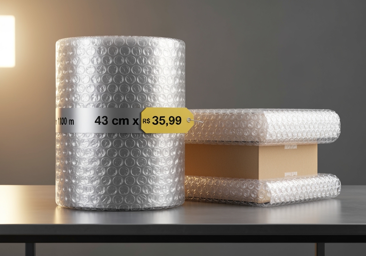 Envios seguros no seu e-commerce! Compre plástico bolha atacado (43cm x 100m, 25 micras) por apenas R$ 35,99. Evite avarias e economize muito. Clique e confira! (imagem gerada com inteligência artificial)