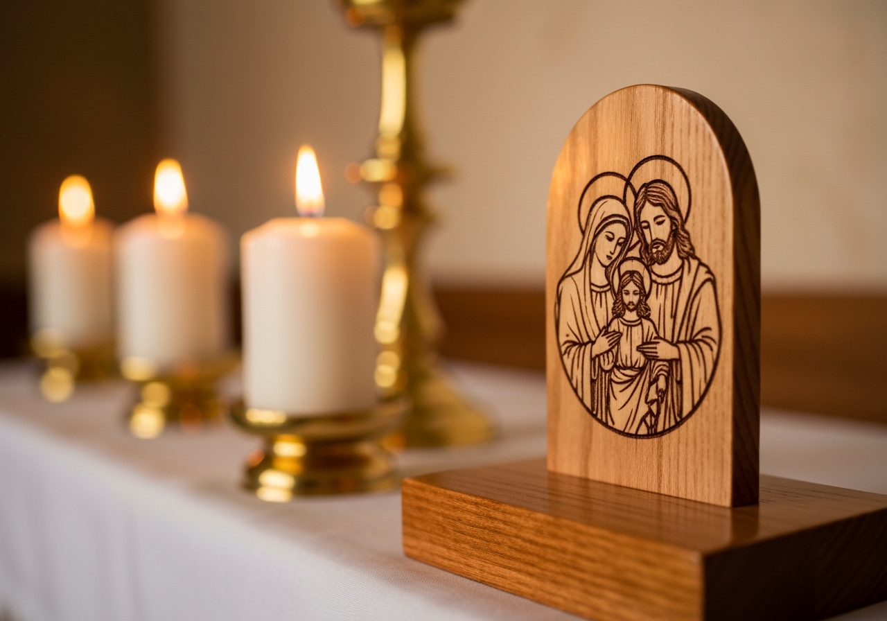 Descubra como a Porta Aliança Personalizada para Casamento Sagrada Família pode transformar seu ritual, combinando tradição, estilo e significado exclusivo. (imagem gerada com inteligência artificial)