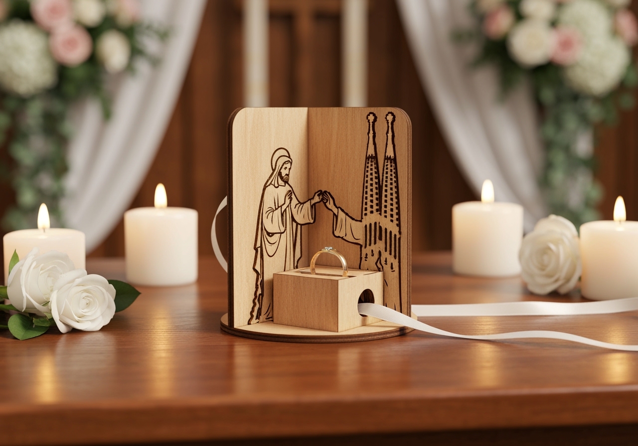 Abençoe o altar com este Porta Alianças MDF da Sagrada Família. Peça perfeita para noivos católicos e artesãs que buscam personalizar lembranças inesquecíveis. (imagem gerada com inteligência artificial)