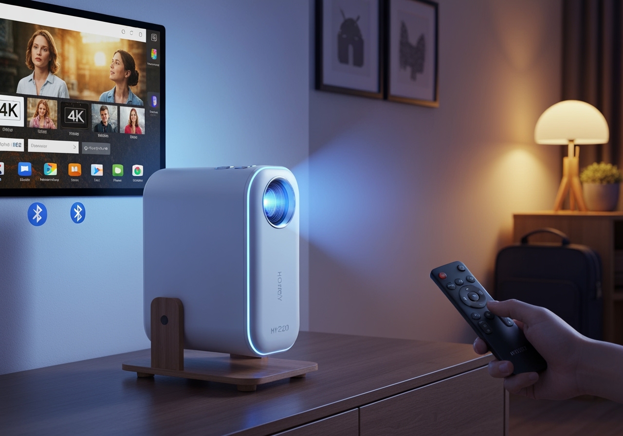 Quer montar um cinema em casa? Conheça o Projetor HY320 Davely e surpreenda-se com a qualidade de imagem. Clique aqui para ler o review completo e aproveite! (imagem gerada com inteligência artificial)