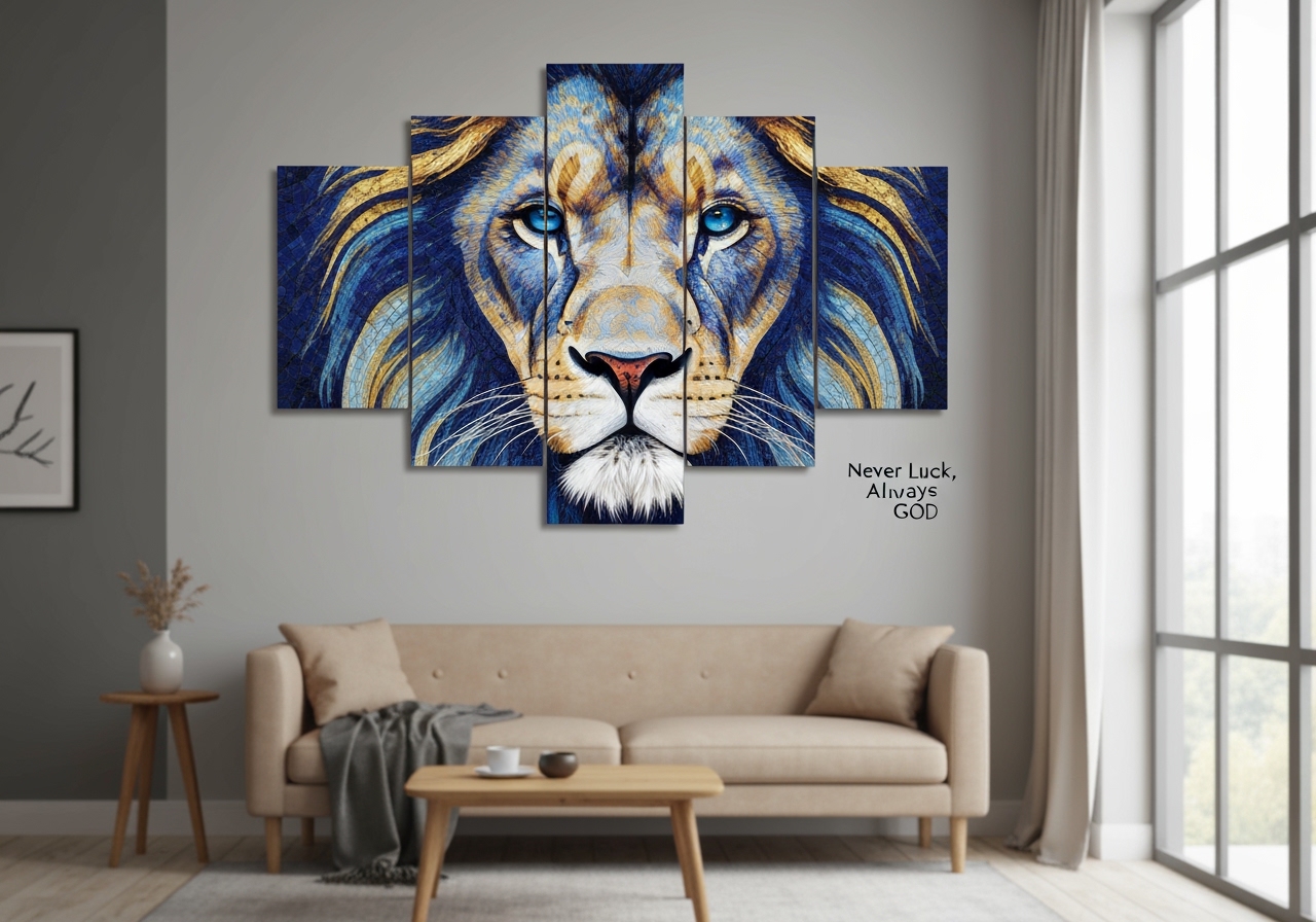 Descubra o poderoso Quadro Leão Judá com olho azul e a frase "Nunca Foi Sorte Sempre Foi Deus". Apenas R$ 25,90! Clique e transforme seu lar hoje. (imagem gerada com inteligência artificial)