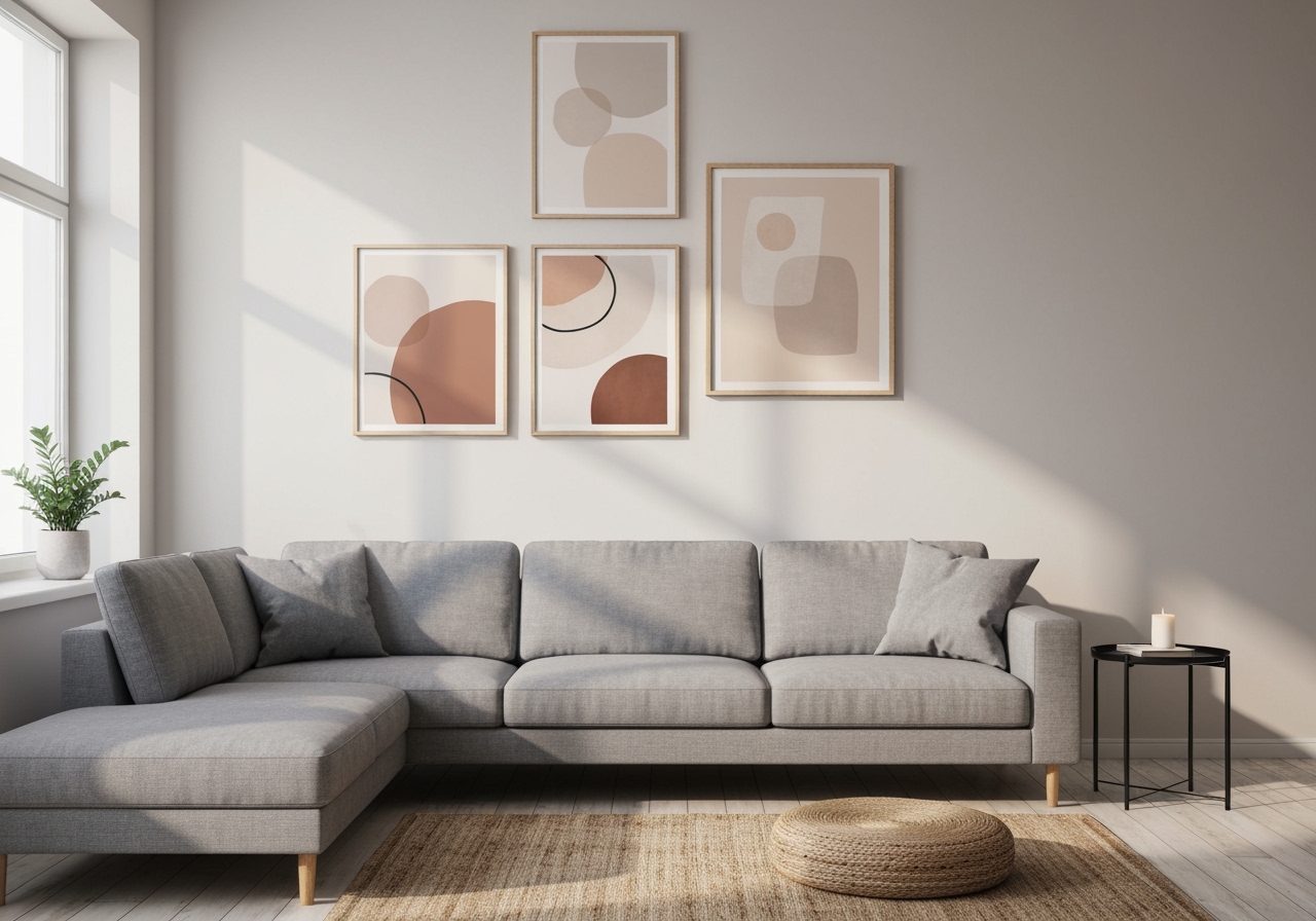 Traga paz e estilo ao seu lar usando lindos quadros boho neutro. Entenda como combinar texturas e cores na parede acompanhando as nossas dicas a seguir. (imagem gerada com inteligência artificial)