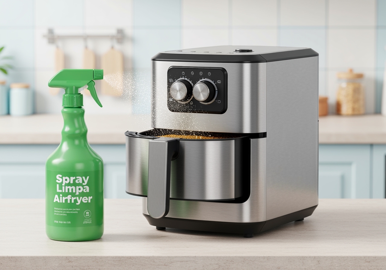 Com 250ml, este Spray Limpa Airfryer dissolve a gordura na hora! Totalmente seguro para o antiaderente, facilite sua rotina por apenas R$ 22,80. (imagem gerada com inteligência artificial)
