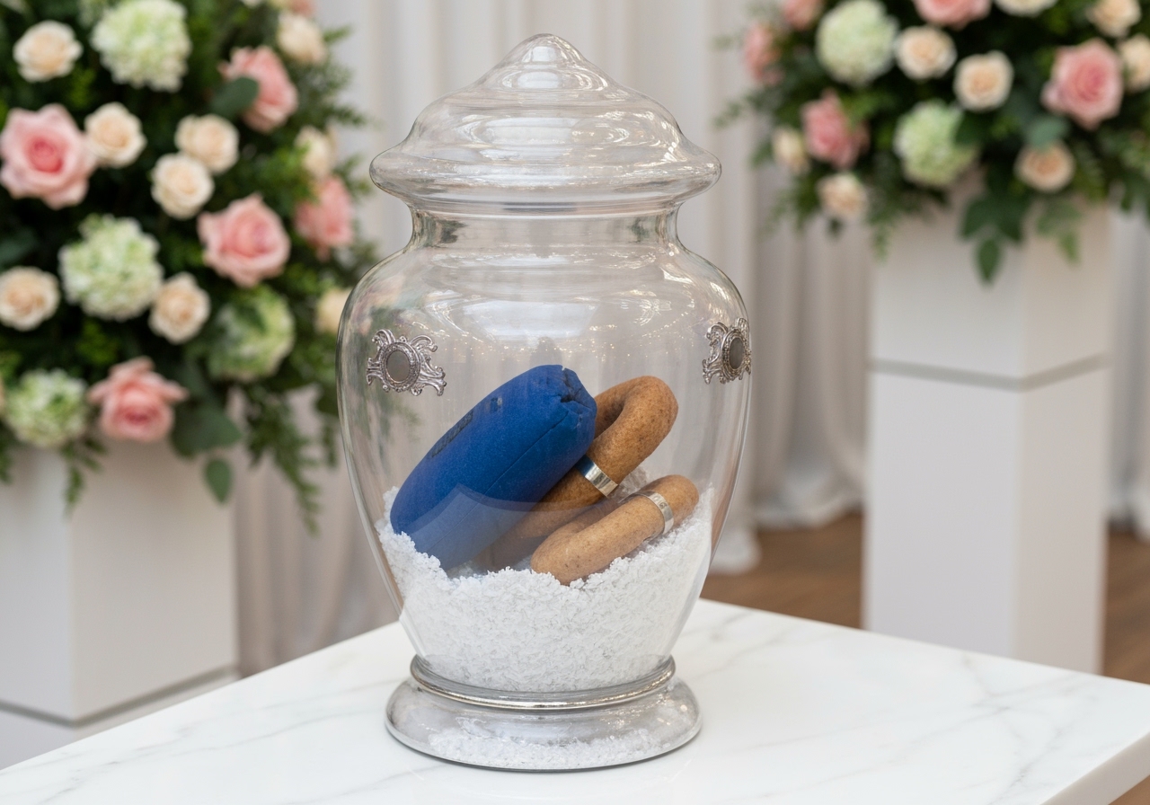 Descubra a urna prática para cortar gravatas no casamento, com entrega rápida e sem complicações. Ideal para manter o visual impecável e sem fios soltos. (imagem gerada com inteligência artificial)