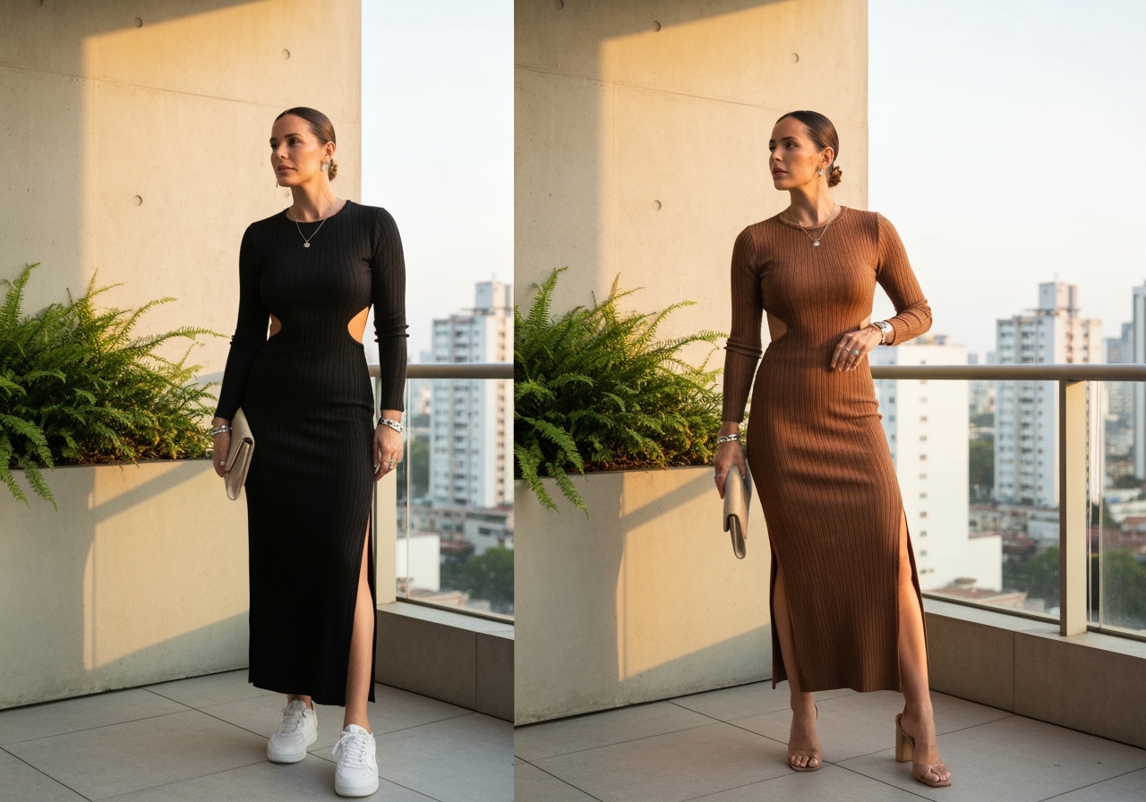 Descubra como o vestido longo canelado pode transformar seu visual. Versátil e elegante, essa peça valoriza o corpo e garante conforto em qualquer ocasião do dia. (imagem gerada com inteligência artificial)