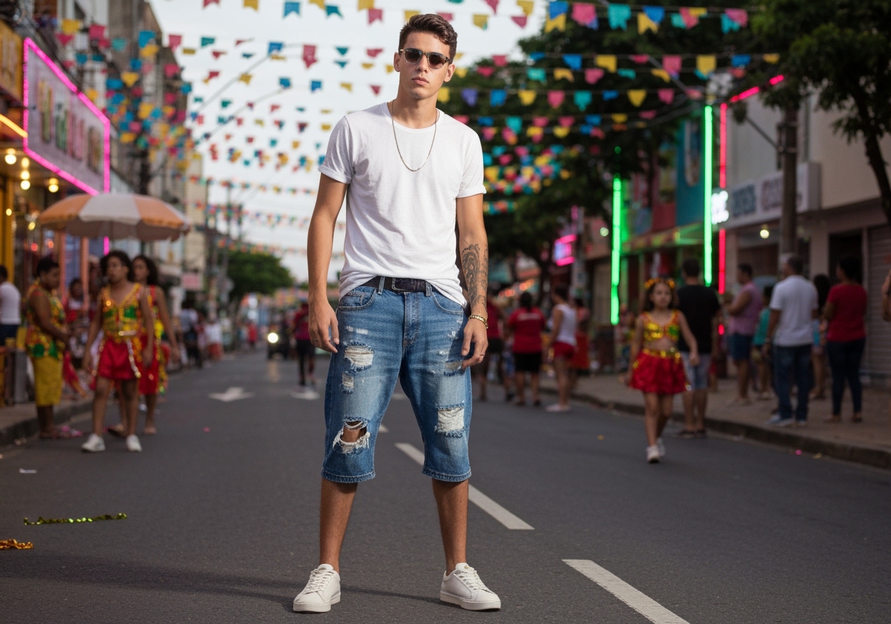 Bermuda jeans masculina por R$ 54,80: veja modelos destroyed/rasgados ideais para o Carnaval, tamanhos, prós e contras e onde comprar com segurança agora. (imagem gerada com inteligência artificial)