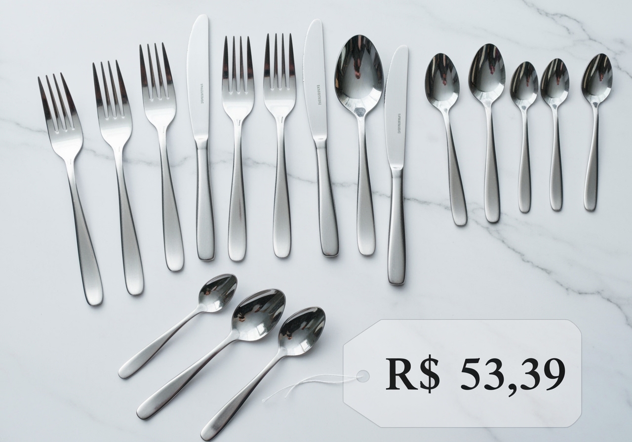 Faqueiro Tramontina Búzios por R$ 53,39: veja benefícios, prós e contras, avaliações de compradores e se vale a pena o kit 24 peças em aço inox. (imagem gerada com inteligência artificial)